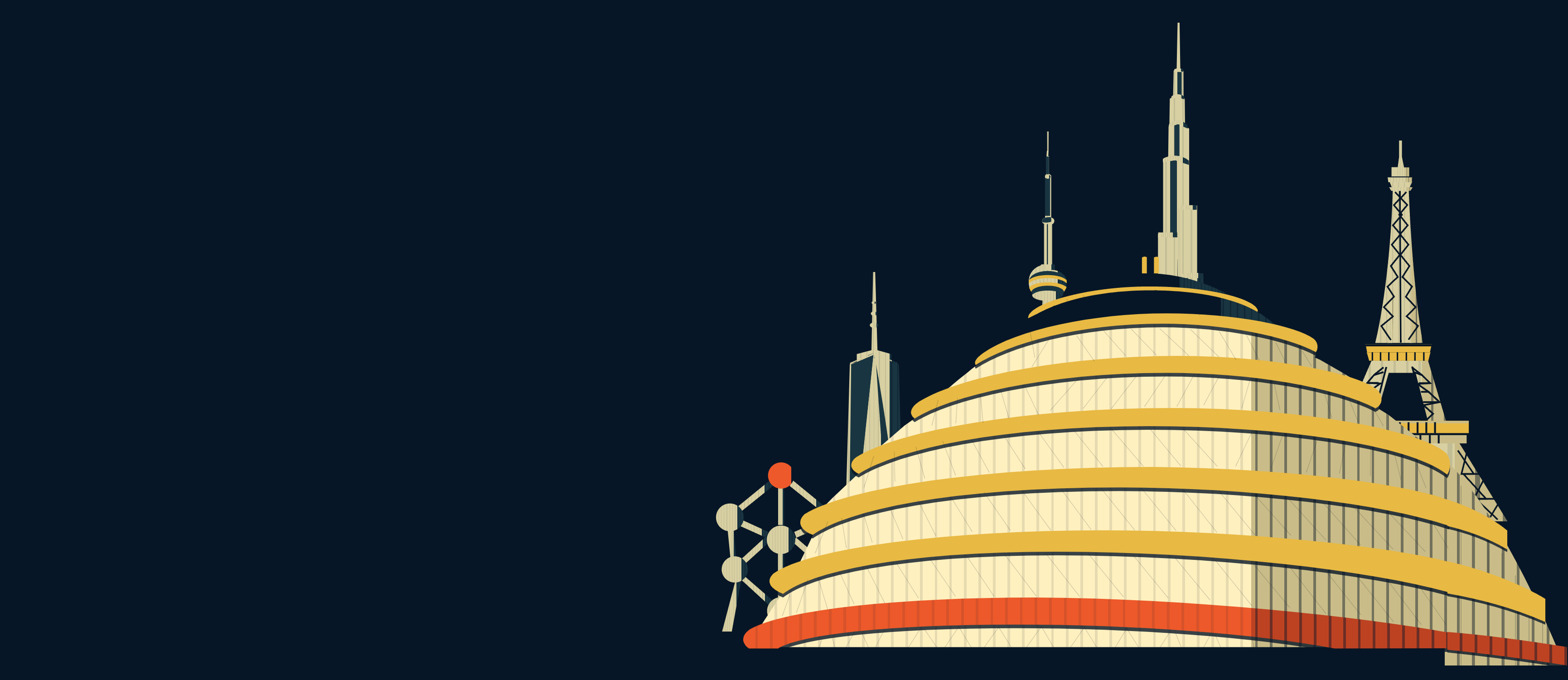 The world converging in Rwanda: Kigali Convention Centre with the CN Tower, One World Trade Center, Atomium, Burj Khalifa and Eiffel Tower.
